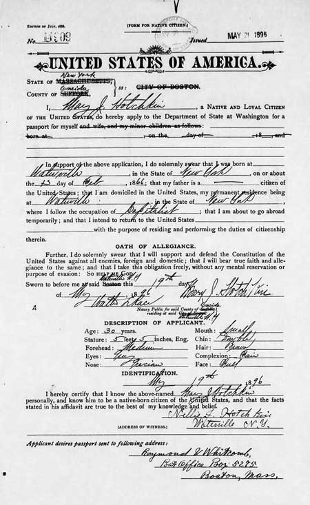 Mary Jane Hotchkin Passport Application
